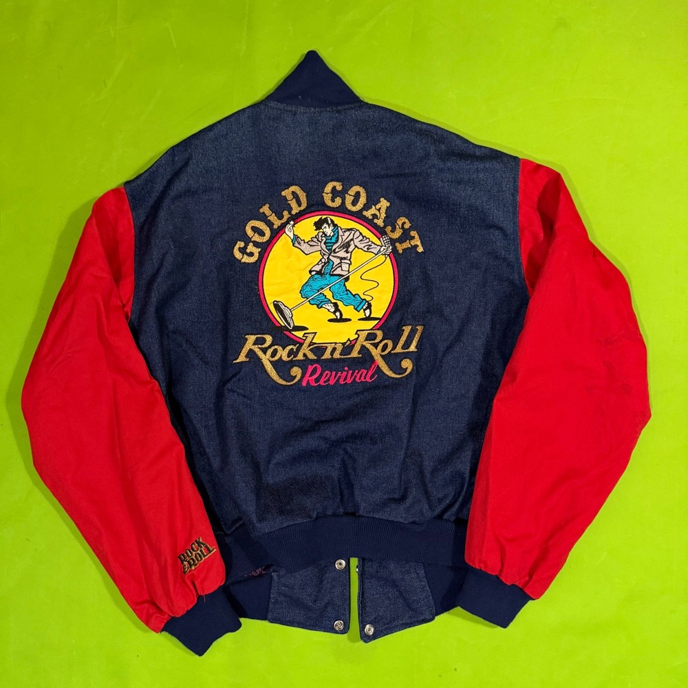 Vintage Gold Coast Rock N Roll Revival Varsity Jacket Denim Red Large Mens